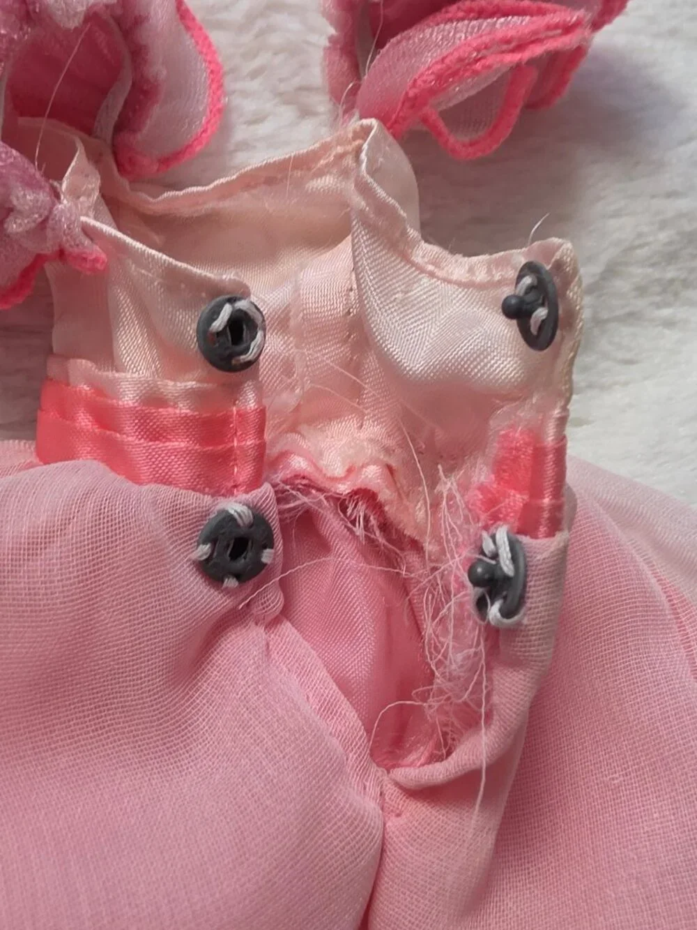 Vintage Fashion Doll Pink Dress Gown Ruffle Sleeves Metal Snaps